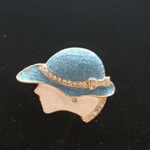 Vintage Blue and Gold Hat On Woman Brooch Sugar Coated Gems Bow